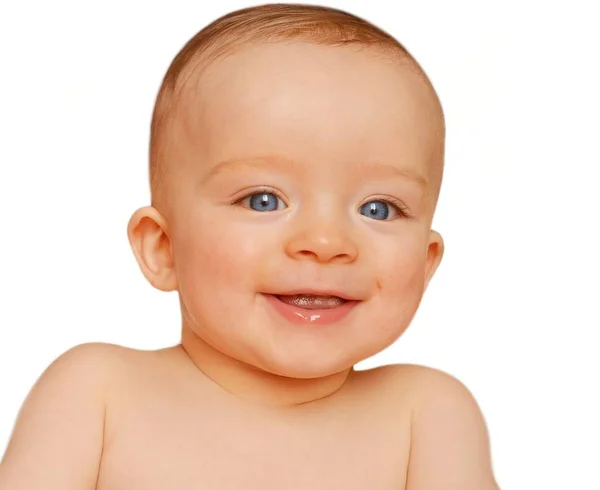 Retrato de primer plano del bebé feliz sobre fondo blanco. Concepto infantil . — Foto de Stock