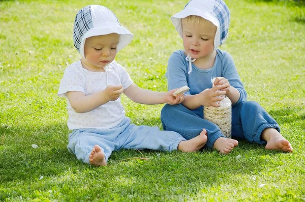 Dwoje uroczych rodzeństwa ma piknik w cieniu drzewa.. — Zdjęcie stockowe