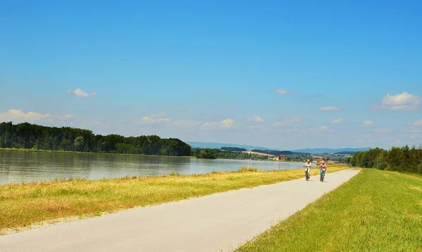 Trilha de ciclismo do Danúbio bem conhecida que corre ao longo do rio Danúbio na Áustria . — Fotografia de Stock