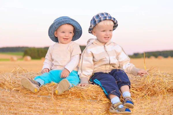 Two happy brothers sitting on a bale of straw