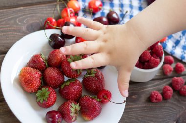 Çilek, ahududu, kiraz tablo. çocuğun el ulaşmak