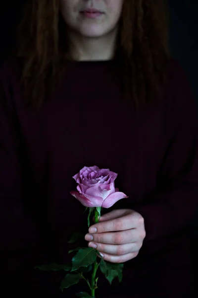 Virág rózsa kéz női sötét háttér romantikus érzéki Stock Kép