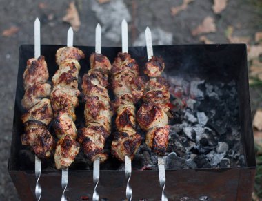 Barbekü partisi. Şişte şiş kebap.