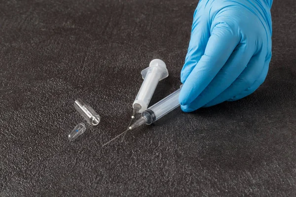 Syringes Injections Hand Blue Glove Dark Background — Stock Photo, Image