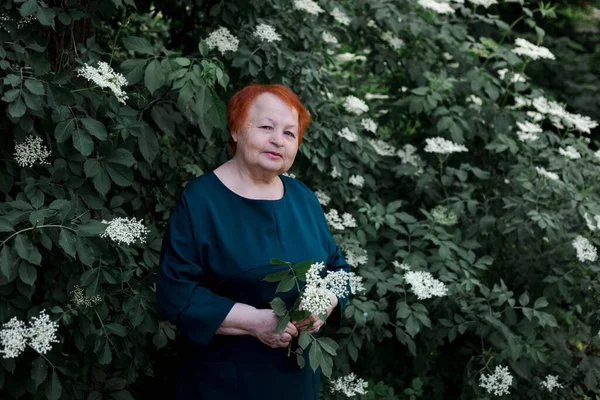 ジャスミンブッシュの開花を背景にした高齢女性 — ストック写真
