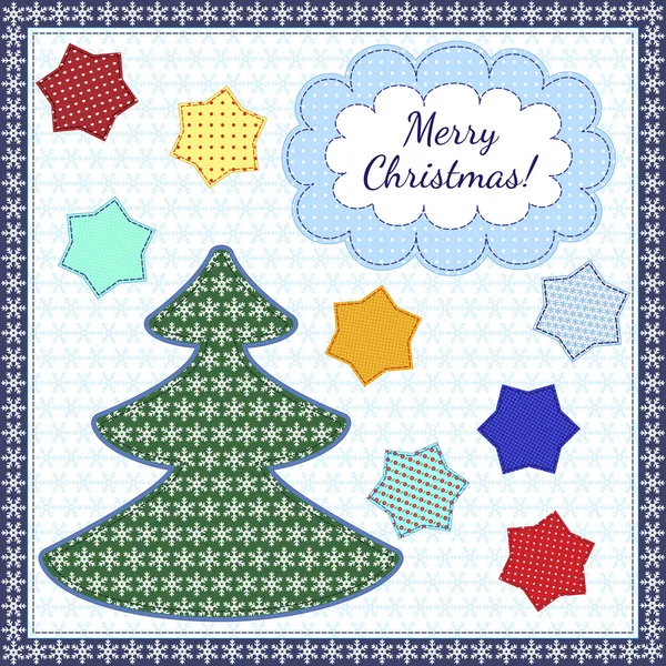 Tarjeta de felicitación con árbol de Navidad y copos de nieve para Año Nuevo y Navidad. Ilustración en el estilo de patchwork . — Vector de stock