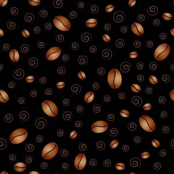 Modèle vectoriel sans couture fond grain de café en cuivre et spirales sur un fond noir . — Image vectorielle