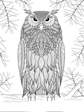 Vektör çizim. Baykuş Ajur çam dal. Siyah-beyaz desen-ebilmek var olmak kullanılmış için boyama.