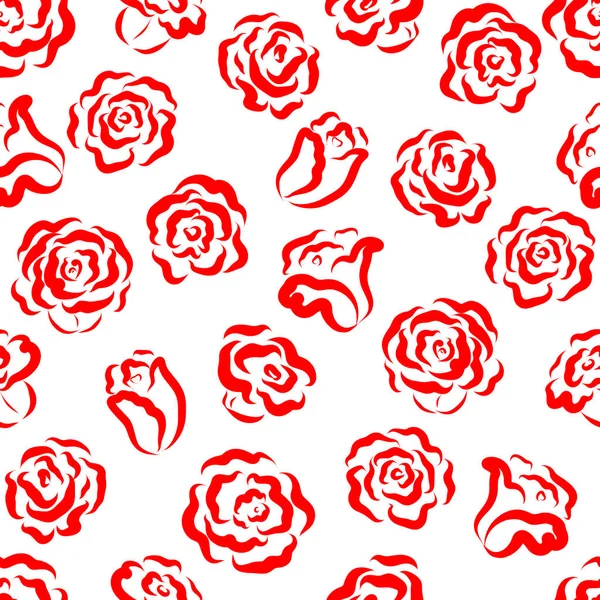 シームレスな花柄。赤いバラと白い背景の上の芽。デザインの背景、バレンタインの日のグリーティング カードのデザインの包装紙・繊維 — ストックベクタ