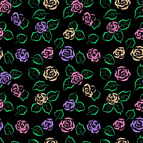 Patrón floral sin costuras. Rosas y hojas de colores sobre un fondo negro. Para fondos de diseño, tarjetas de felicitación para el día de San Valentín, para papel de embalaje de diseño y textiles . — Archivo Imágenes Vectoriales