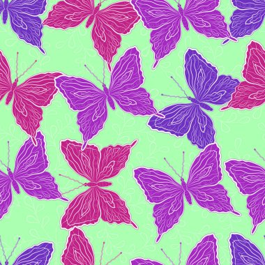 Dikişsiz desen Ajur ve açık yeşil renkli güzel çok renkli kelebekler.