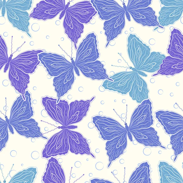 Patrón sin costuras de calado y una hermosa mariposa azul sobre un fondo blanco . — Vector de stock