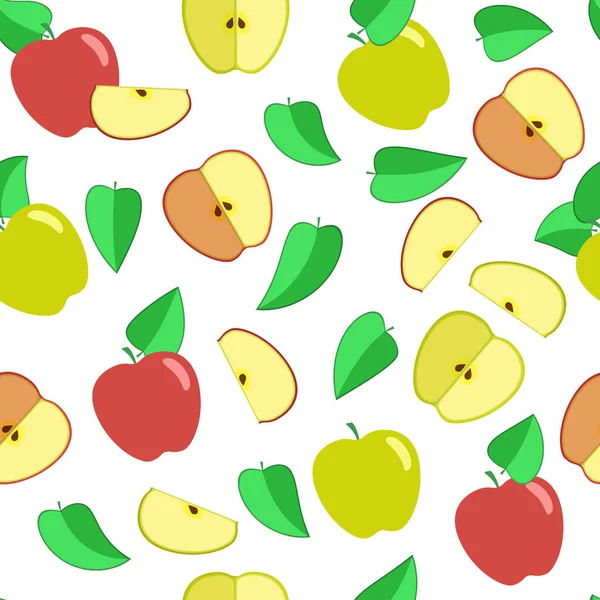 无缝矢量模式。五颜六色的水果和不同彩色苹果用树叶片. — 图库矢量图片