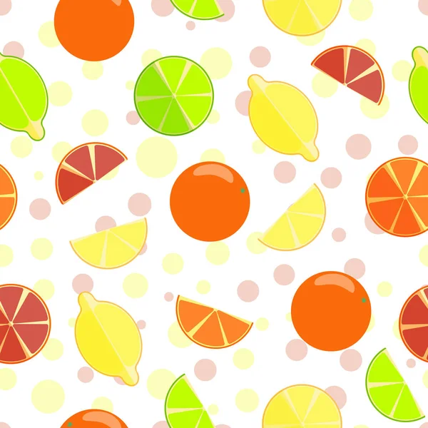 Seamless vector pattern. Colorful fruits and slices of oranges, limes and lemons on a white background. — Stock Vector