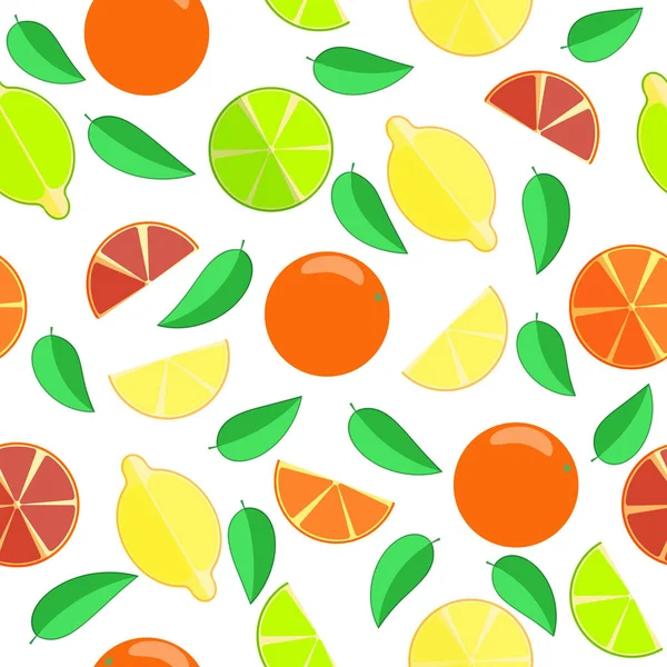 シームレス パターン。カラフルな果物やオレンジ、ライム、レモンの葉のスライス. — ストックベクタ