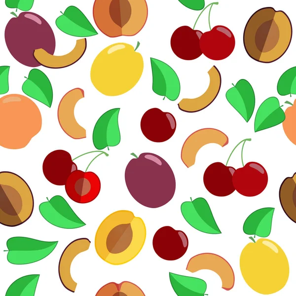 Modèle vectoriel sans couture. Fruits colorés et tranches de prunes, cerises, pêches et feuilles . — Image vectorielle