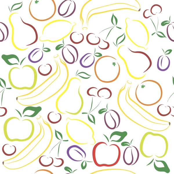 无缝矢量模式。五颜六色的水果，用树叶. — 图库矢量图片