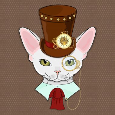 Vektör çizim. Kedi yoksun Rex buhar punk tarzında doğurur. Mekanik aksesuarları ile Victoria tarzı giyinmiş bir kedi.