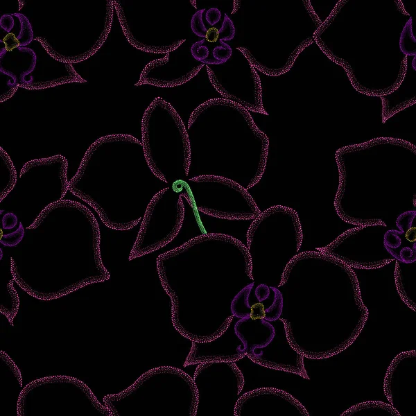 Modèle sans couture vectoriel. Belles orchidées peintes points de couleur sur un fond noir . — Image vectorielle