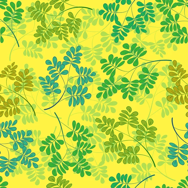 Patrón sin costura floral. Diferentes hojas y ramitas sobre un fondo amarillo . — Vector de stock