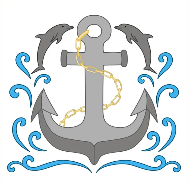 矢量海洋插画。会徽与锚链，海豚，海浪. — 图库矢量图片