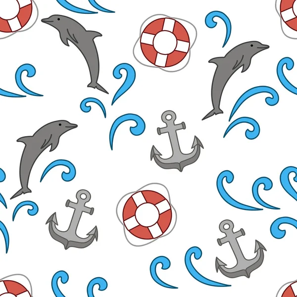 Seamless vector pattern. A pattern of anchors, life rings, and dolphins playing on the waves. The pattern is suitable for decoration of textiles and stationery. — Stock Vector