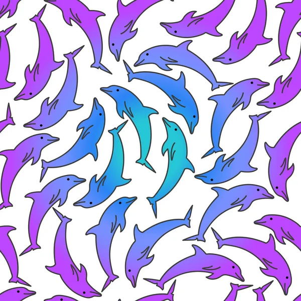 Modèle vectoriel sans couture marine. Mosaïque de dauphins peints en dégradé bleu et rose sur fond blanc . — Image vectorielle