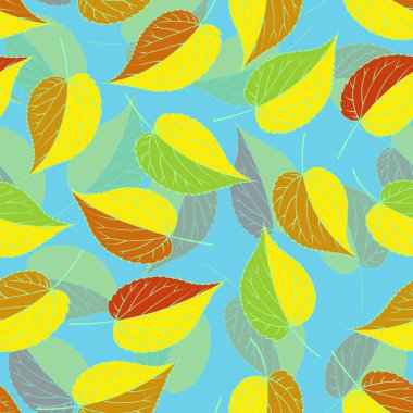 Vektör seamless modeli. Mavi arka plan üzerinde renkli sonbahar yaprakları Ajur. Düşme resim dekorasyon arka plan için Sonbahar temasına bırakır..