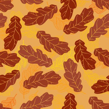 Vektör seamless modeli. Ajur renkli sonbahar meşe turuncu zemin üzerine bırakır. Düşme resim dekorasyon arka plan için Sonbahar temasına bırakır..