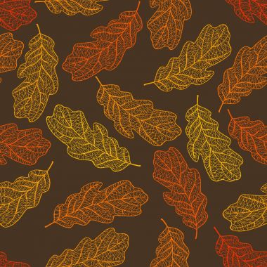 Vektör seamless modeli. Ajur renkli sonbahar meşe yaprakları kahverengi zemin üzerinde. Düşme resim dekorasyon arka plan için Sonbahar temasına bırakır..