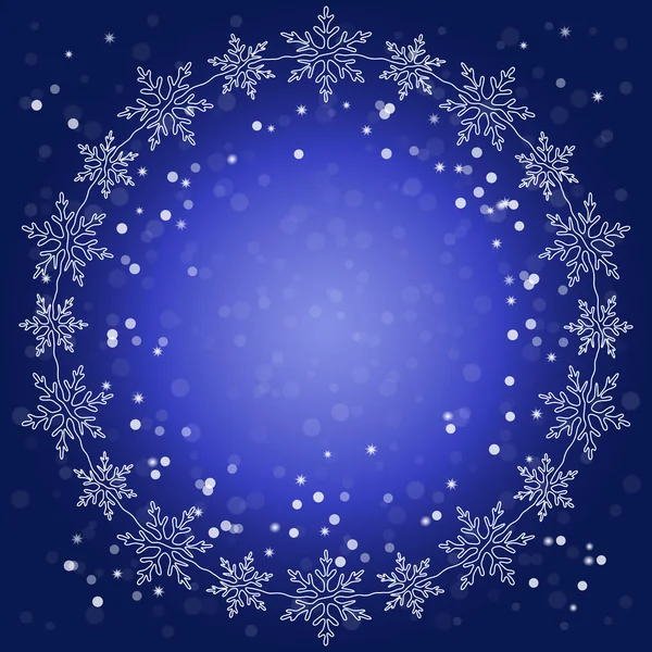 Ilustración vectorial navideña. Marco redondo de Navidad de copos de nieve sobre un fondo azul con una simulación de nieve cayendo . — Vector de stock