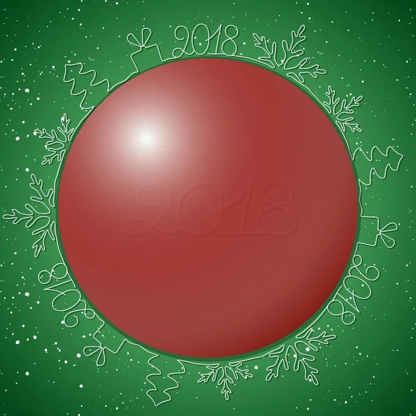 Ilustración vectorial navideña. Bola roja de Navidad en un círculo de copos de nieve, árboles de Navidad, regalos con la fecha 2018 . — Vector de stock