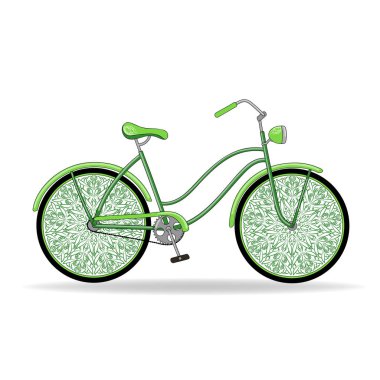Vektör çizim. Yeşil vintage bayanlar Bisiklet alışılmadık hassas tekerlekli.