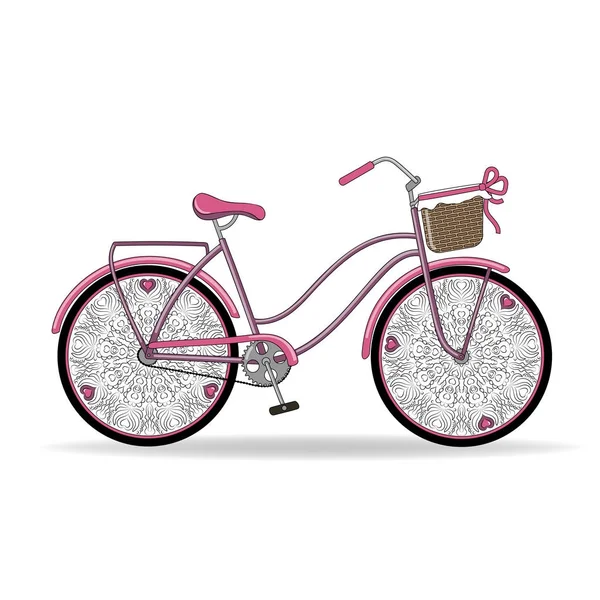 Vektorillustration. Sanftes rosafarbenes Damenfahrrad mit ungewöhnlichen durchbrochenen Rädern mit Herzen und Korb. — Stockvektor