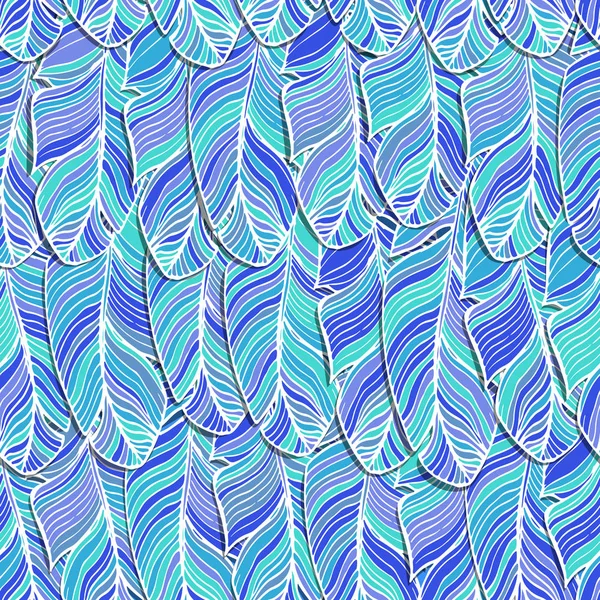 Vector naadloze patroon. Vet, kleurrijke veren in tinten van blauw hand getrokken. Het patroon zal kijken spectaculaire achtergrond voor ontwerp. — Stockvector