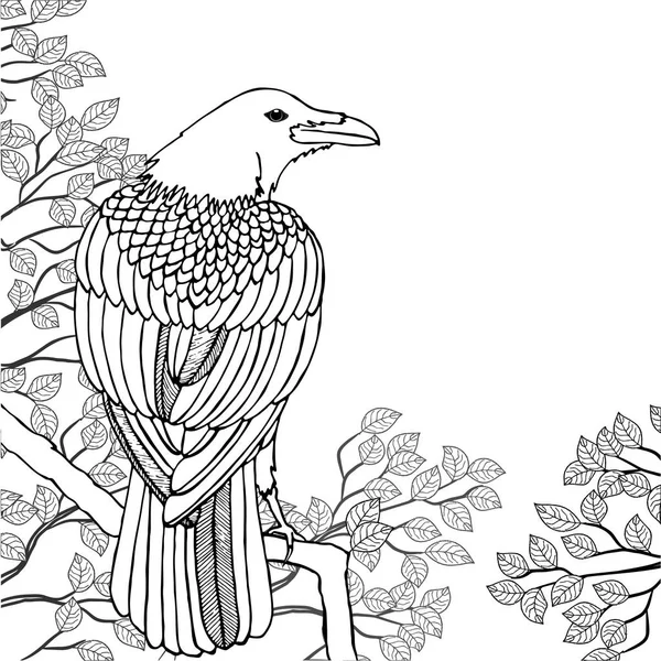 Vektorillustration. Rabe sitzt auf einem Baum mit Ästen und Blättern. Schwarz-Weiß-Abbildung zum Ausmalen. Vektorgrafiken