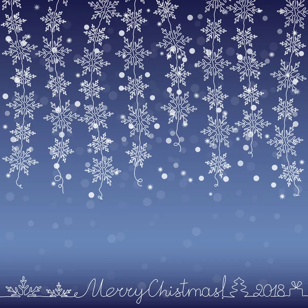 Ilustración vectorial. Guirnaldas de fondo navideño de copos de nieve con saludos, árbol de Navidad, regalo y fecha . — Vector de stock