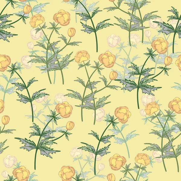 シームレス花柄。ビンテージ スタイルで黄色のラナンキュラスの花の背景. — ストックベクタ
