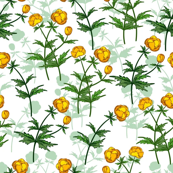 Nahtloser Vektor florales Muster. Blumen Hintergrund der gelben Ranunkeln mit Pflanzenschatten auf hellem Hintergrund. — Stockvektor