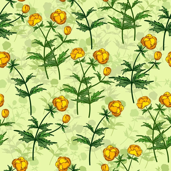 Patrón floral vector sin costuras. Fondo floral de Ranunculus amarillo con sombras de plantas sobre fondo verde claro — Vector de stock