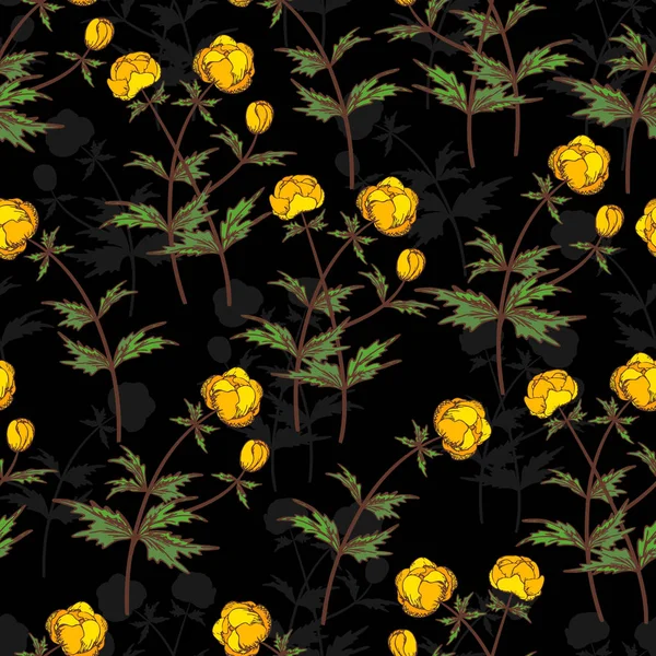 Nahtloser Vektor florales Muster. Blumen Hintergrund der gelben Ranunkeln mit Pflanzenschatten auf schwarzem Hintergrund. — Stockvektor