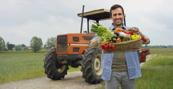 Portrait of a happy young farmer holding fresh vegetables in a basket. background of a tractor and nature Concept biological, bio products, bio ecology, grown by own hands, vegetarians, salads healthy — Stock Photo, Image