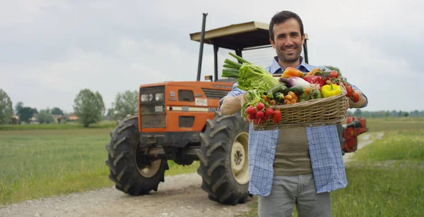 Portret van een gelukkige jonge boer houden van verse groenten in een mand. achtergrond van een trekker en natuur Concept biologische, bio producten, bio-ecologie, gegroeid door eigen handen, vegetariërs, salades gezond — Stockfoto