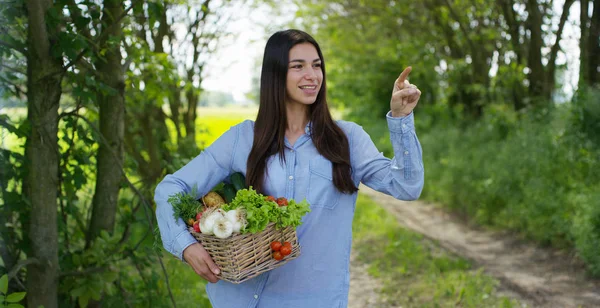 Hermosa joven sosteniendo una cesta de verduras, en el fondo de la naturaleza. Concepto: biología, bio-productos, bio-ecología, cultivar verduras, productos naturales puros y frescos, vegetarianos, saludables . — Foto de Stock