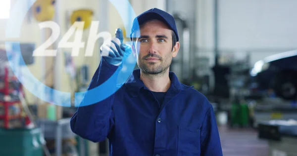 A futuristic portrait of an auto mechanics assistant, works with a hologram 24 hours a day, buying, selling and repairing spare parts online, in a car workshop. Concept: the technology of the future.