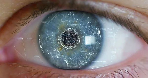Human Eye Scan Technology Interface Animation Blue human eye in extreme macro . merger between man and machine . futuristic digital interface . concept and futuristic vision of augmented reality