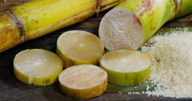 Şeker kamışı, kesme şeker ve ham granül şeker bir kompozisyon bir makro çekim. Konsept: bir tatlandırıcı, doğa, enerji, meyve suları ve içecekler.