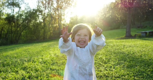 Seorang gadis kecil berpakaian di halaman vintage berjalan dekat dengan pohon di sunset gadis kecil bahagia di alam. konsep alam dan keberlanjutan, hubungan dengan alam dan dunia hijau . — Stok Foto