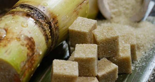 A macro shot of a composition of sugar cane, sugar cubes and sugar in the raw granules. Concept: a sweetener, nature, energy, juices and drinks. — Stock Photo, Image