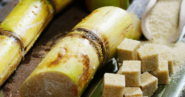 Una macro toma de una composición de caña de azúcar, terrones de azúcar y azúcar en los gránulos crudos. Concepto: edulcorante, naturaleza, energía, zumos y bebidas . — Foto de Stock